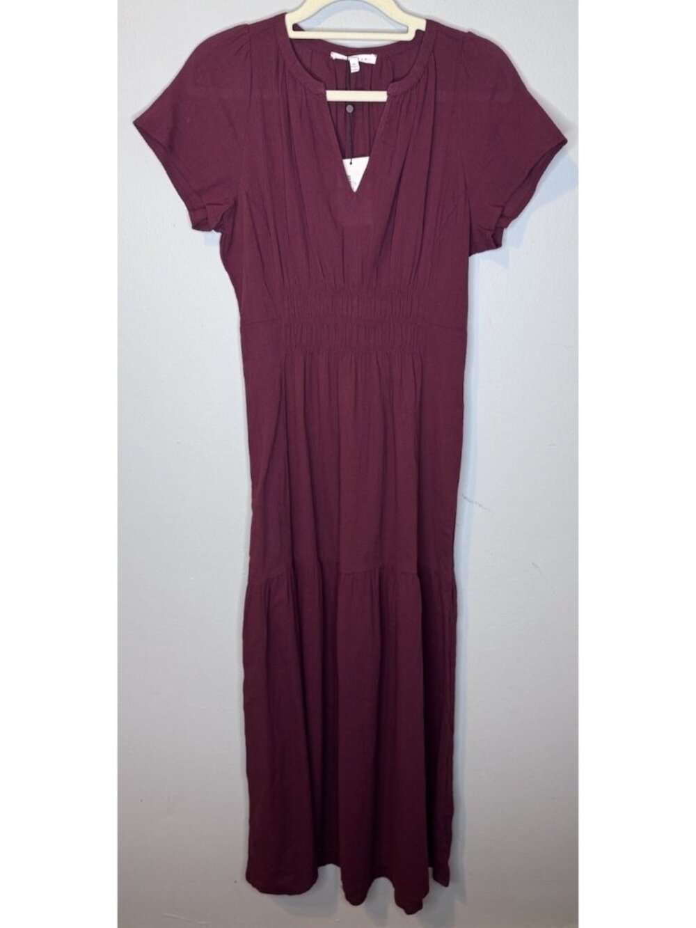 Women’s Maroon Long Tiered Short Sleeve Dress XS Petite Red New Cotton Fall XSP